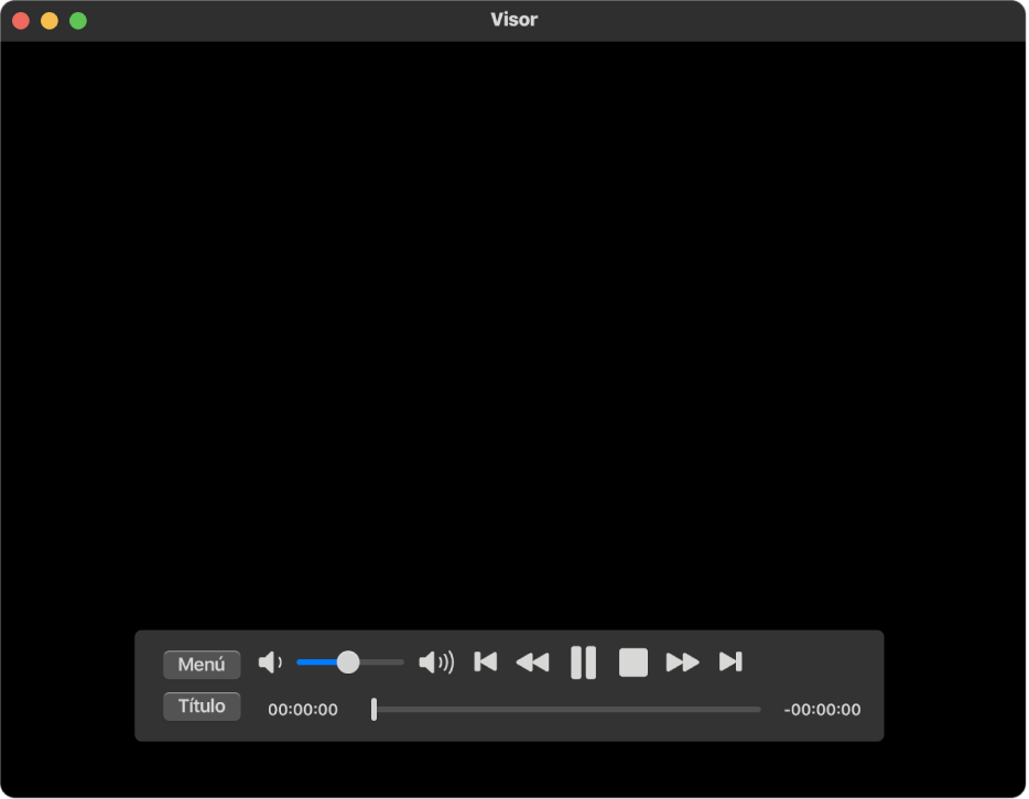 Ventana de Reproductor de DVD y los controles de reproducción, con el selector de volumen en el área superior izquierda y la línea del tiempo en la parte inferior. Arrastra la manija de progreso en la línea del tiempo para ir a otra parte de la película.