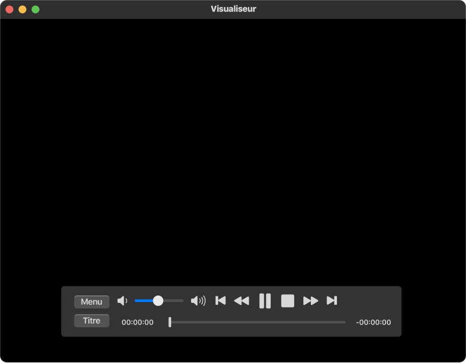 La fenêtre de Lecteur DVD et les commandes de lecture, avec le curseur de volume dans la zone supérieure gauche et la barre de lecture en bas. Faites glisser la poignée de progression dans la barre de lecture pour accéder à une autre partie du film.