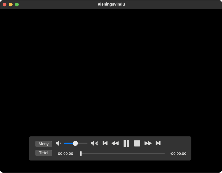 DVD-spiller-vinduet og avspillingskontrollene, med volum-skyveknappen oppe til venstre og tidslinjen nederst. Flytt framdriftshåndtaket i tidslinjen for å hoppe til en annen scene i filmen.