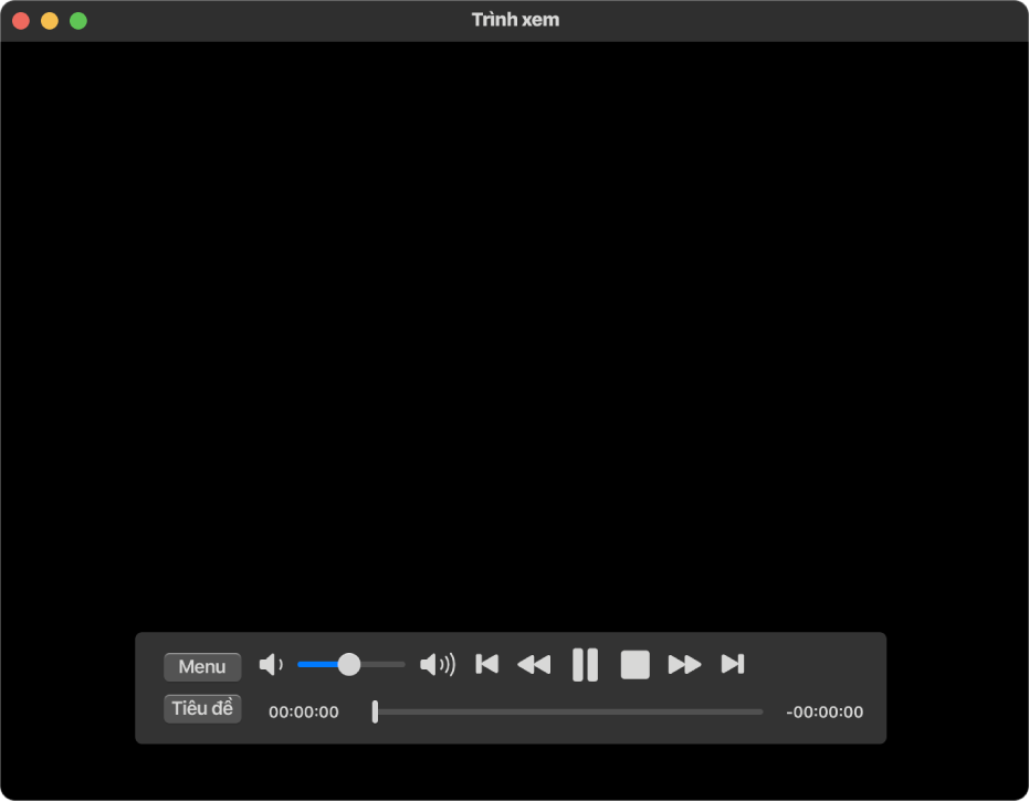 Cửa sổ Trình phát DVD và các điều khiển phát lại, với thanh trượt âm lượng ở khu vực trên cùng bên trái và dòng thời gian ở dưới cùng. Kéo bộ điều khiển tiến trình trong dòng thời gian để đi tới vị trí khác trong phim.