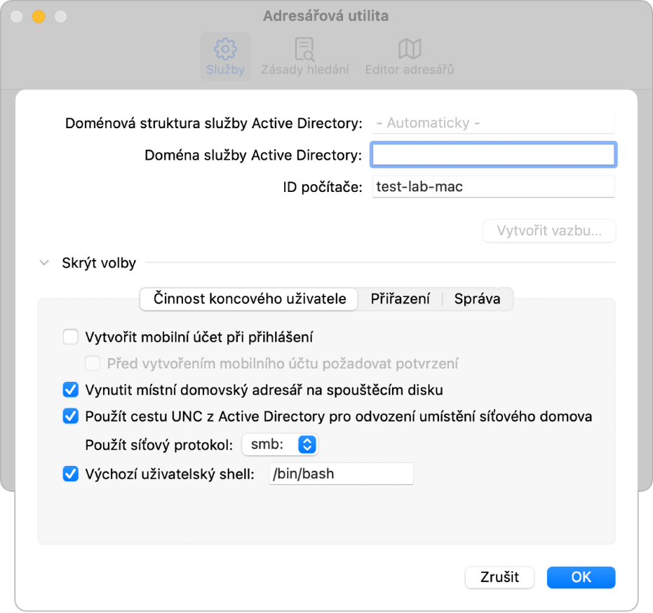 Dialogové okno konfigurace Active Directory s rozbaleným oddílem nastavení