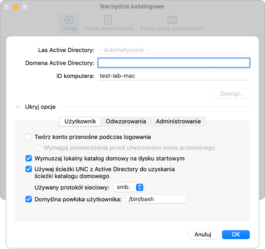 Okno dialogowe konfiguracji Active Directory z rozwiniętą sekcją opcji.