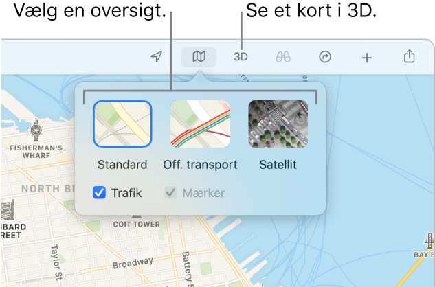 Et kort over San Francisco, der viser de måder, kortet kan vises på: Standard, Offentlig transport, Satellit og 3D.