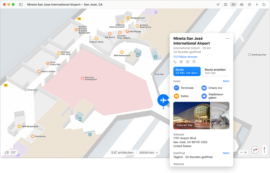 Eine Karte des San Jose International Airport mit einer Informationskarte, die Wegzeit, Adresse, Öffnungszeiten und weitere Informationen anzeigt.