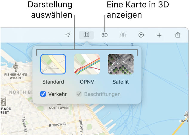 Eine Karte von San Francisco mit Optionen für die Kartendarstellung: Standard, ÖPNV, Satellit und 3D.