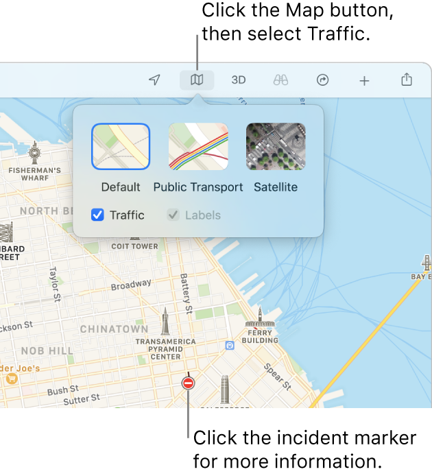 A map of San Francisco with map options displayed, the Traffic tick box selected and traffic incidents on the map.