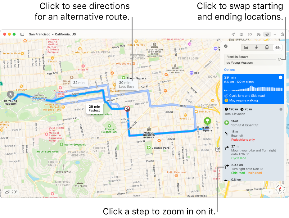 A map of San Francisco with directions for a bicycle route, including elevation and traffic.