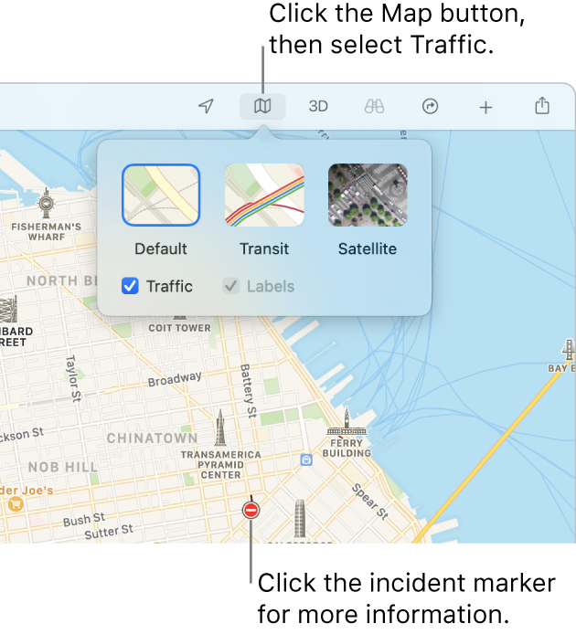 A map of San Francisco with map options displayed, the Traffic checkbox selected, and traffic incidents on the map.