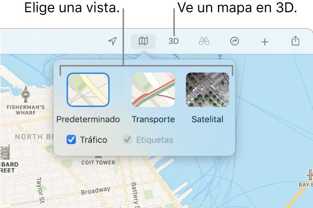 Un mapa de San Francisco mostrando opciones de visualización de mapa: Predeterminada, Tráfico, Satelital y 3D.