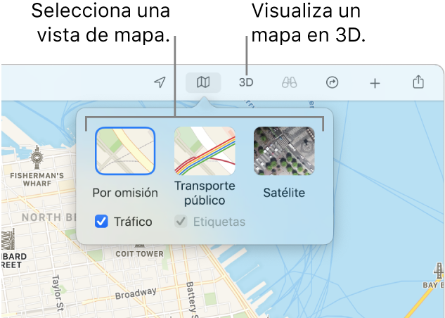 Un mapa de San Francisco donde se muestran las opciones de vista del mapa: “Por omisión”, “Transporte público”, Satélite y 3D.
