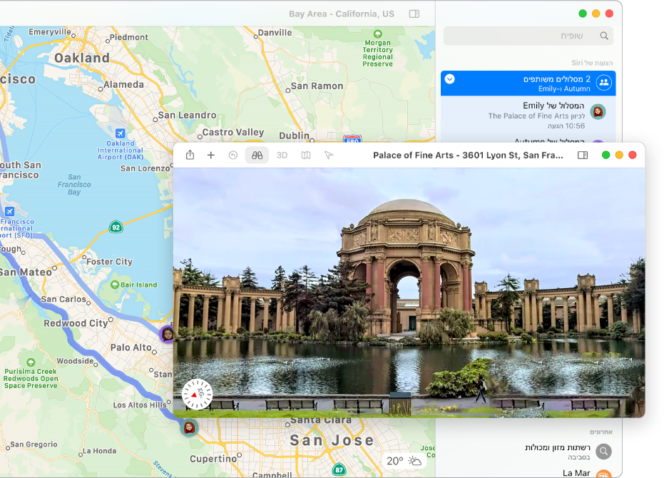 מפה של סן פרנסיסקו עם תצוגת תלת-מימד אינטראקטיבית של אטרקציה מקומית.