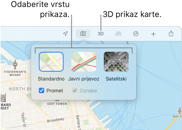 Karta San Francisca koja prikazuje opcije prikaza karte: Standardno, Javni prijevoz, Satelit i 3D.