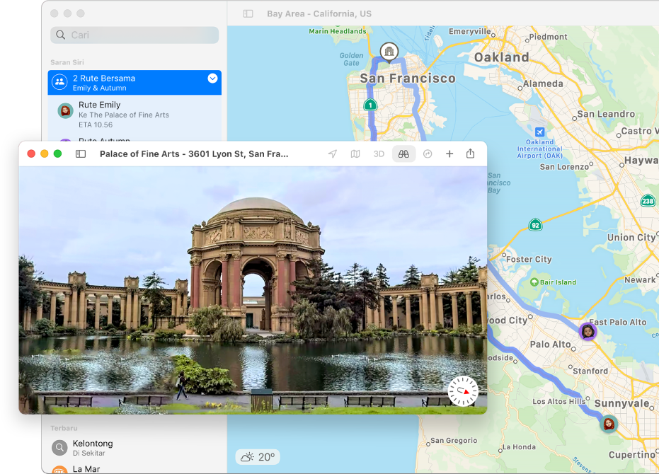 Peta San Francisco, meliputi tampilan atraksi lokal 3D interaktif.