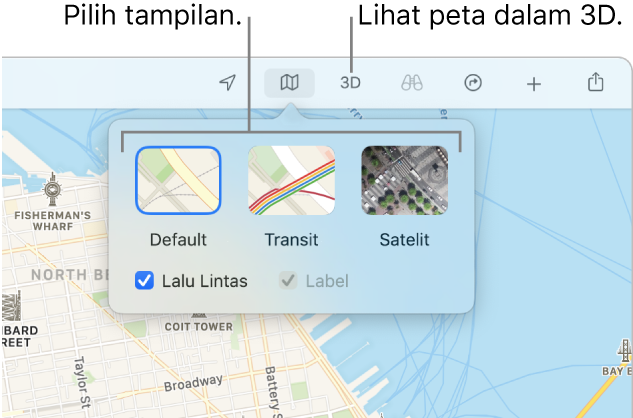 Peta San Francisco menampilkan pilihan tampilan peta: Default, Transit, Satelit, dan 3D.