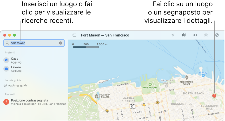 Inserisci una posizione nel campo di ricerca oppure fai clic su di esso per visualizzare le ricerche più recenti. Fai clic su un punto di riferimento o un segnaposto per visualizzare i dettagli.