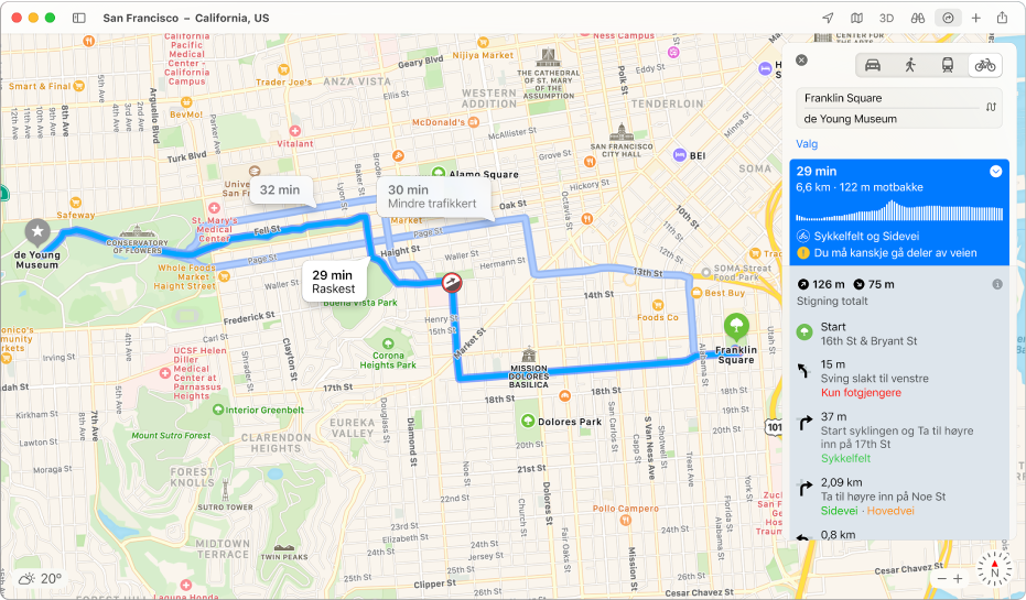 Et kart over San Francisco med en sykkelveibeskrivelse, inkludert stigning og trafikk.