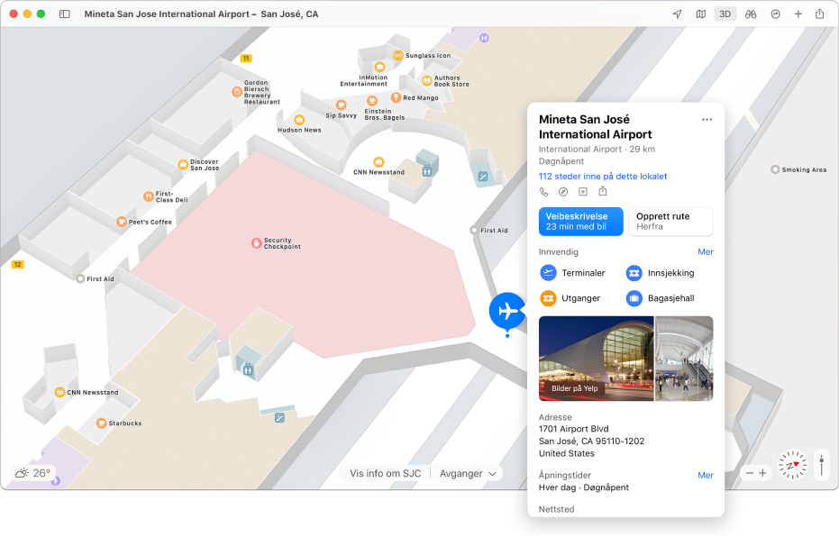 Et kart over San Jose internasjonale flyplass med et informasjonskart som viser kjøretid, adresse, åpningstider og annen informasjon.