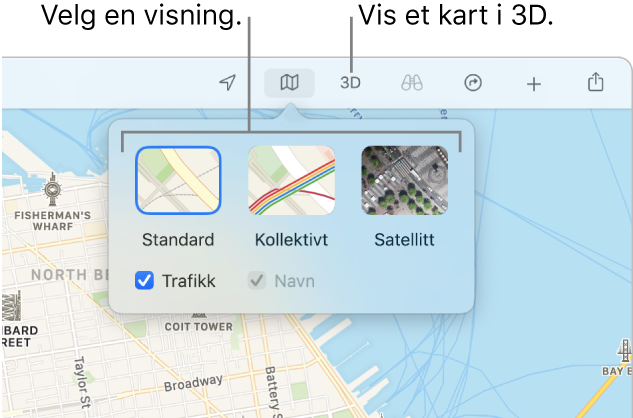 Et kart over San Francisco med visningsalternativer for kart: Standard, Kollektivt, Satellitt og 3D.