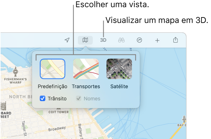 Um mapa de São Francisco com opções de vista de mapa: Predefinição, “Transportes públicos”, Satélite e 3D.