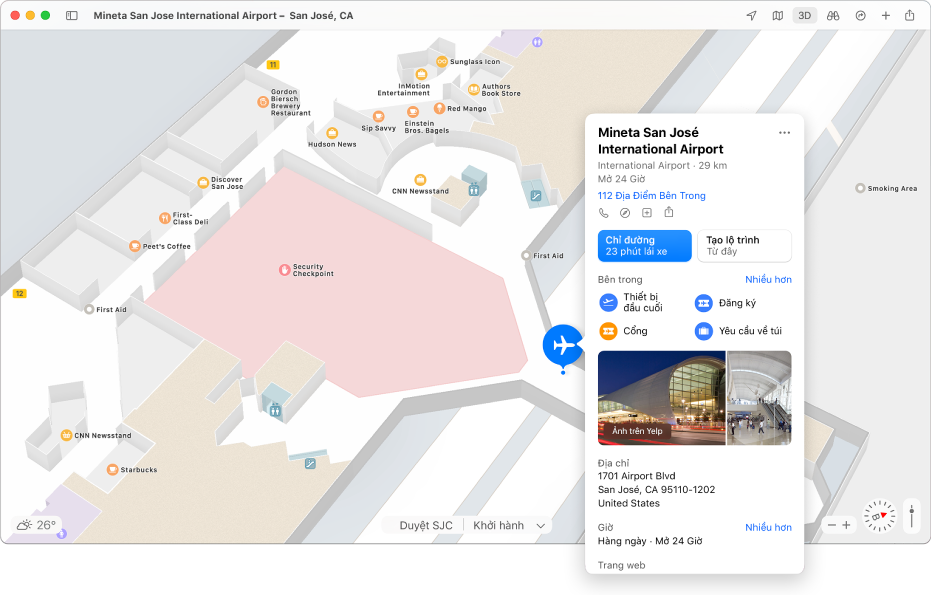 Bản đồ Sân bay Quốc tế San Jose với thẻ thông tin đang hiển thị thời gian lái xe, địa chỉ, số giờ và thông tin khác.