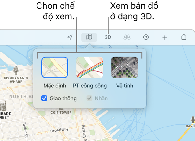 Một bản đồ San Francisco đang hiển thị các tùy chọn chế độ xem bản đồ: Mặc định, Phương tiện công cộng, Vệ tinh và 3D.