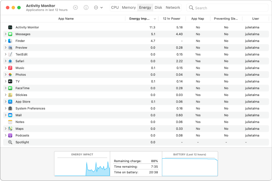 The Energy pane of Activity Monitor. The pane shows a list of apps, with information about the energy usage of each one displayed in columns. At the bottom of the window is a graph showing the overall energy impact.