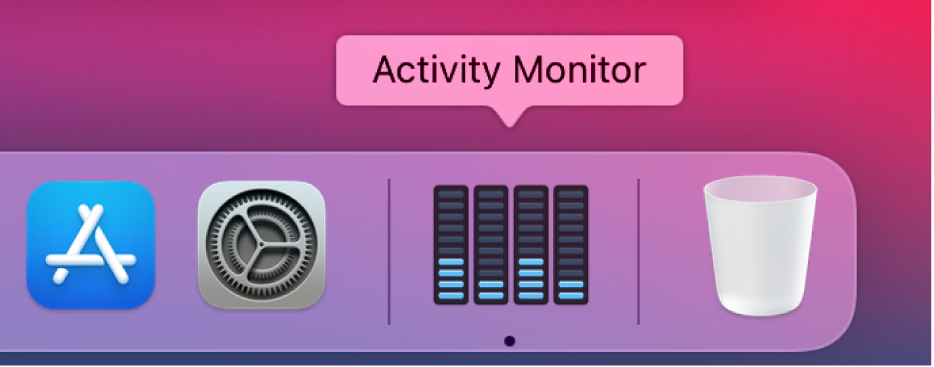 The Activity Monitor icon in the Dock showing disk activity.