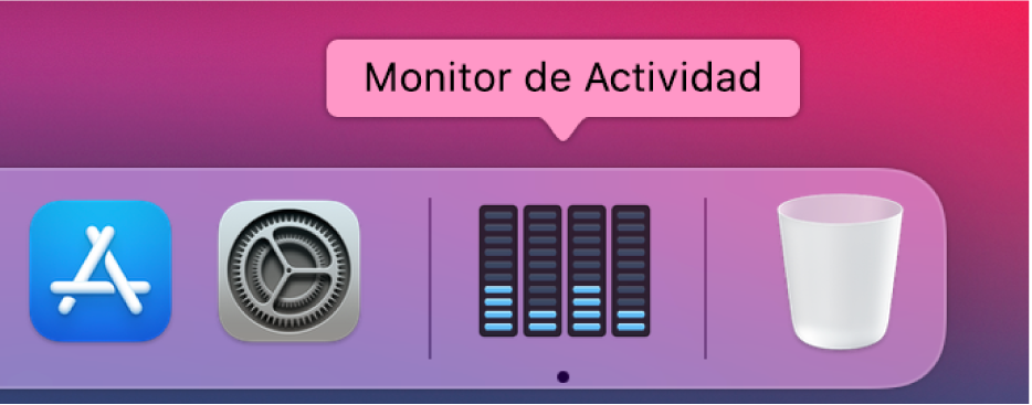 Icono de Monitor de Actividad en el Dock con información de la actividad del disco.