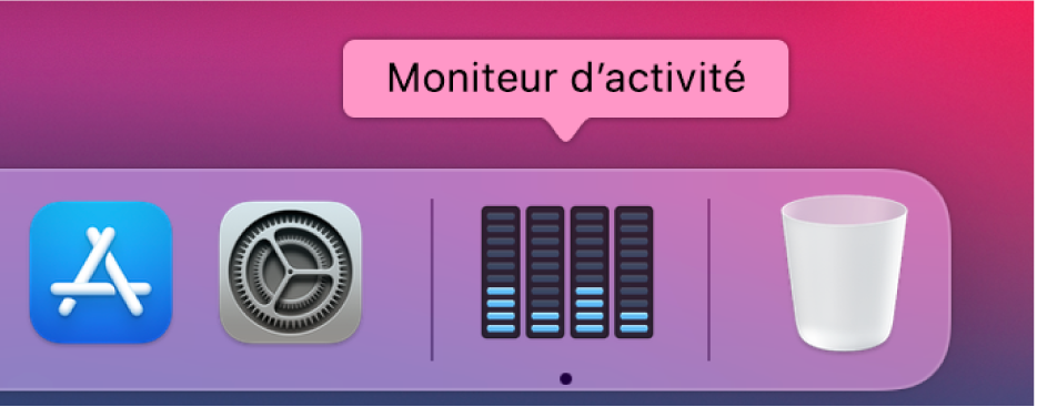 L’icône Moniteur d’activité dans le Dock affichant l’activité du disque.