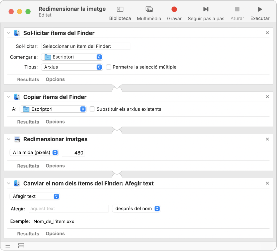 Flux de treball de l’Automator amb quatre accions.