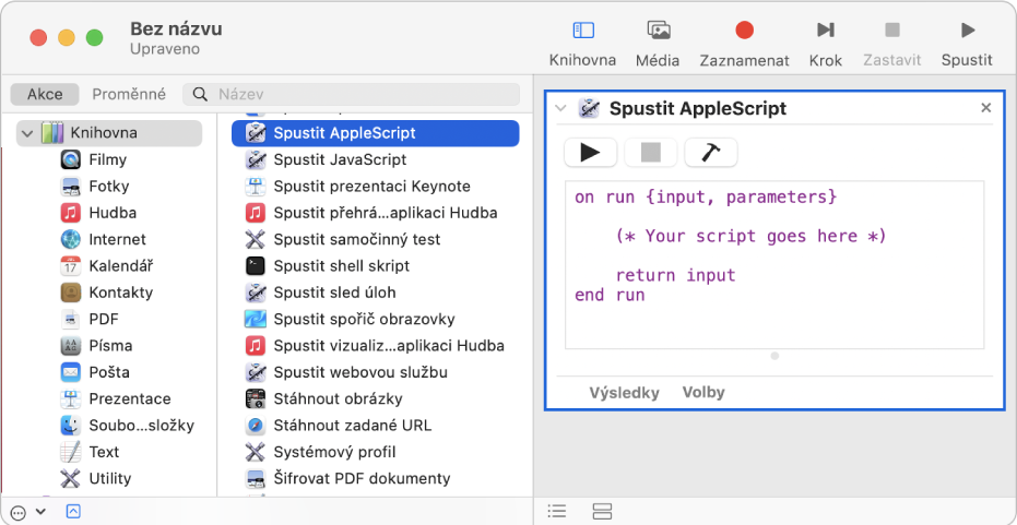Okno Automatoru s akcí Spustit AppleScript