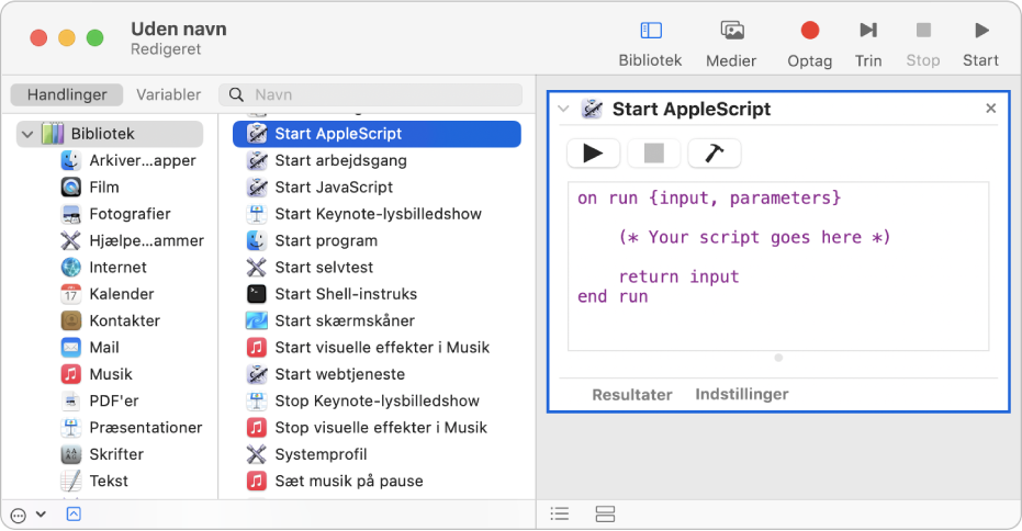 Automator-vinduet med handlingen Start AppleScript.