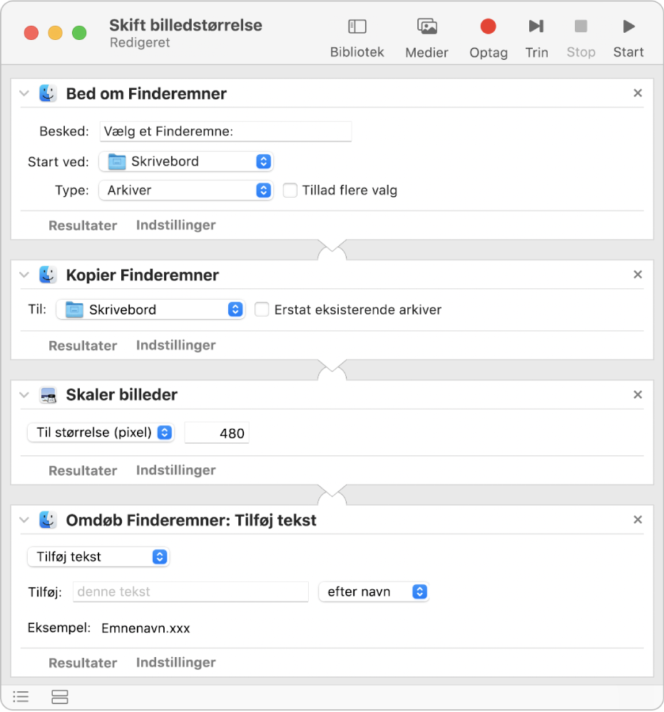 En Automator-arbejdsgang med fire handlinger.