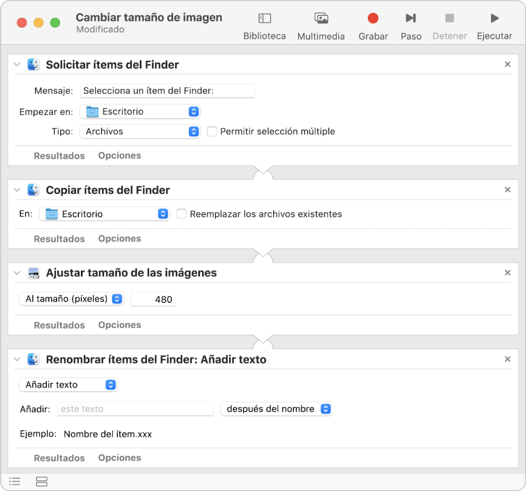Flujo de trabajo de Automator con cuatro acciones.