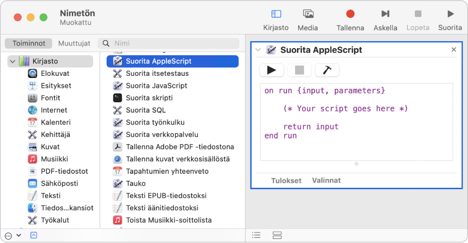 Automator-ikkuna, jossa on Suorita AppleScript -toiminto.