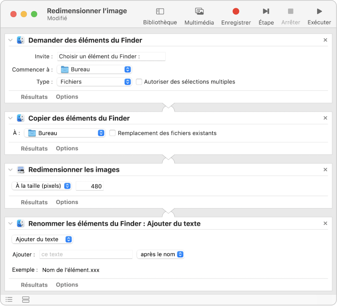 Un processus d’Automator avec quatre actions.