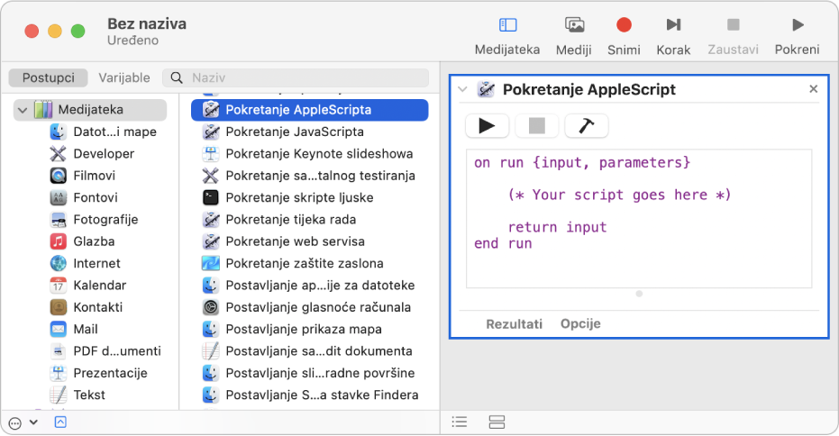 Prozor aplikacije Automator s postupkom Pokreni AppleScript.