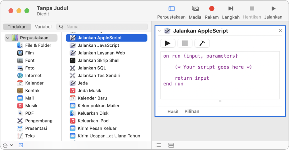 Jendela Automator dengan tindakan Jalankan AppleScript.