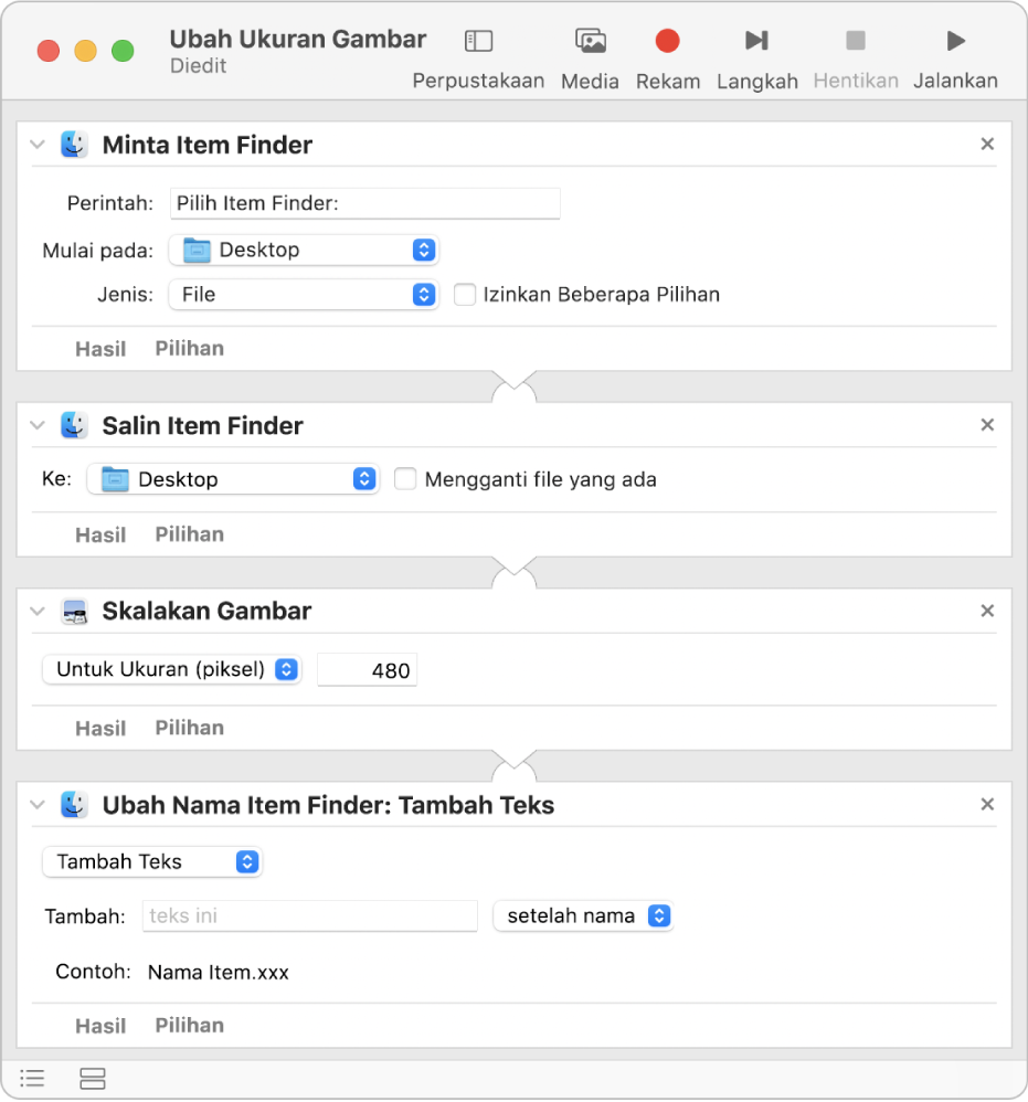 Alur kerja Automator dengan empat tindakan.