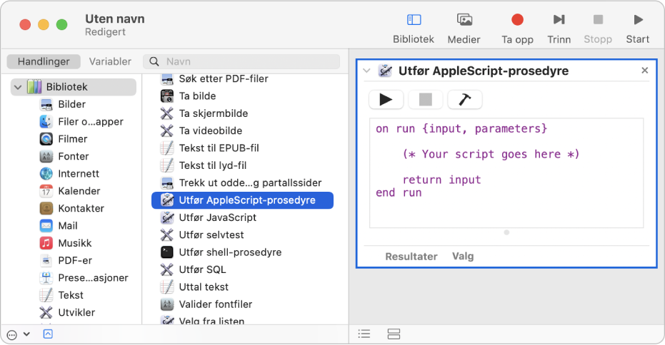 Automator-vinduet med en Utfør AppleScript-handling.