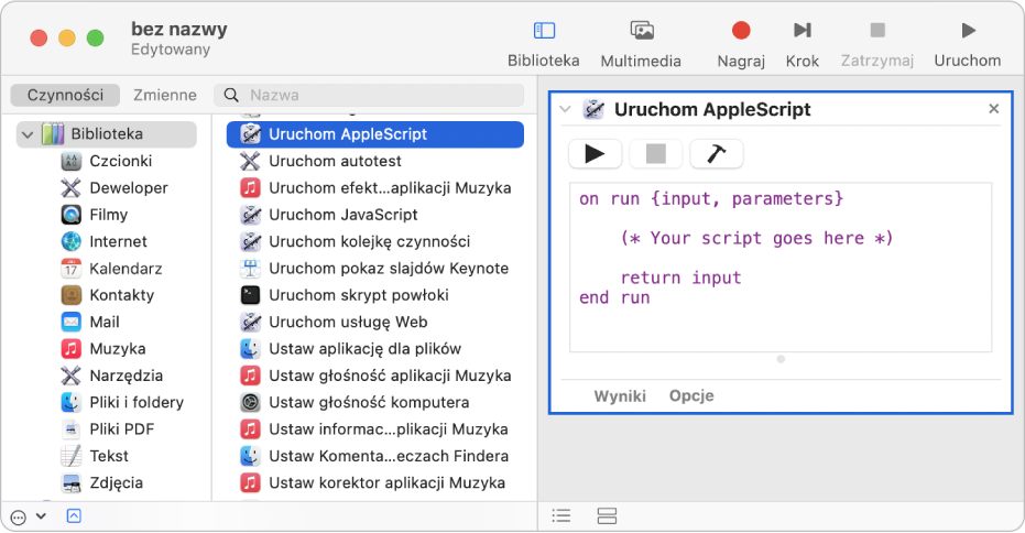 Okno Automatora z czynnością Uruchom AppleScript.