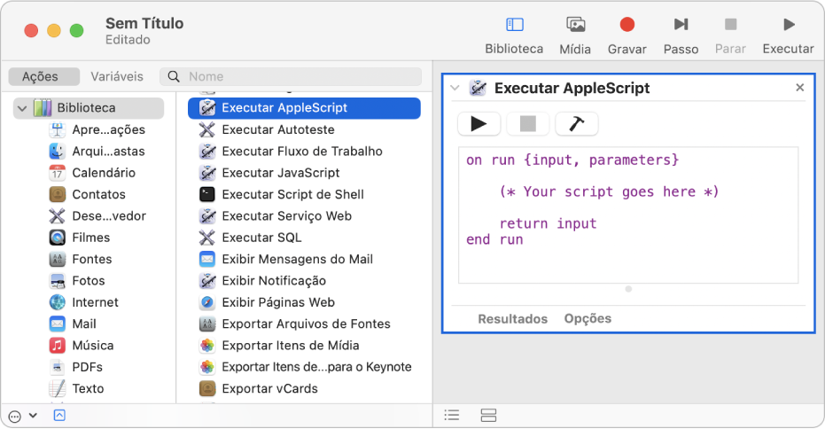 Janela do Automator com uma ação Executar AppleScript.