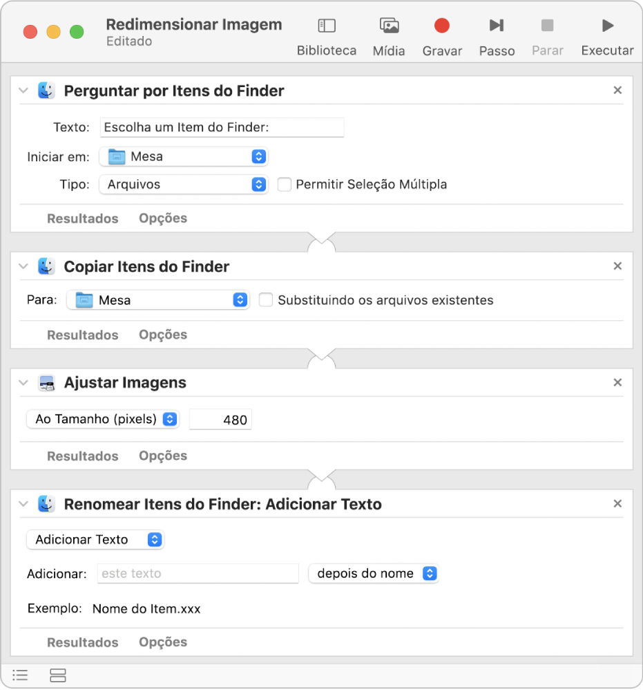 Fluxo de trabalho do Automator com quatro ações.