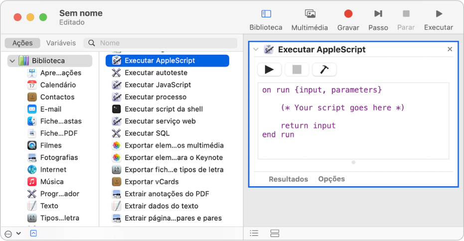 A janela do Automator com a ação “Executar AppleScript”