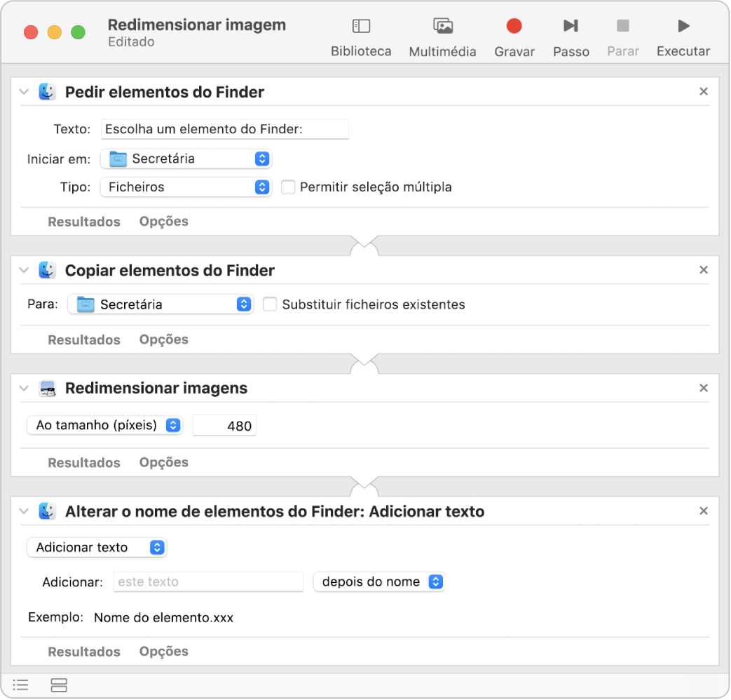 Um processo do Automator com quatro ações