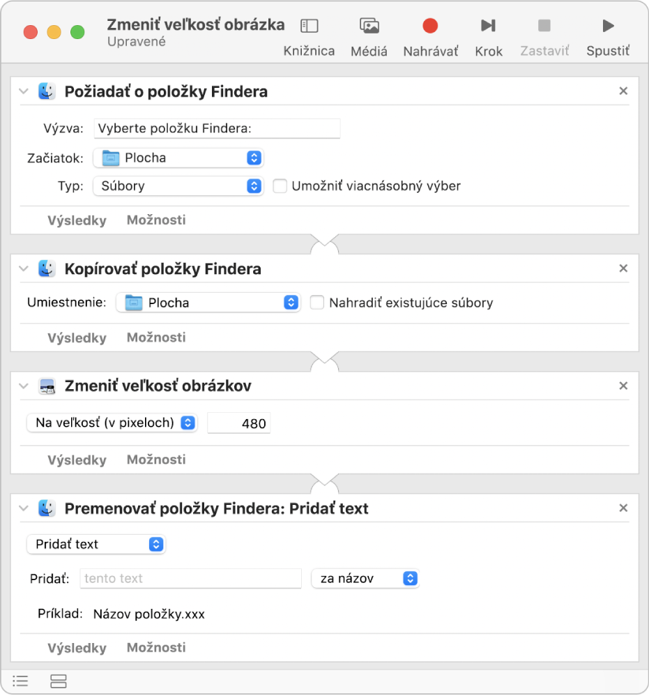 Workflow aplikácie Automator so štyrmi akciami.