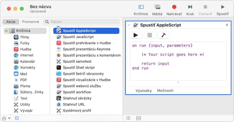 Okno aplikácie Automator s akciou Spustiť AppleScript.