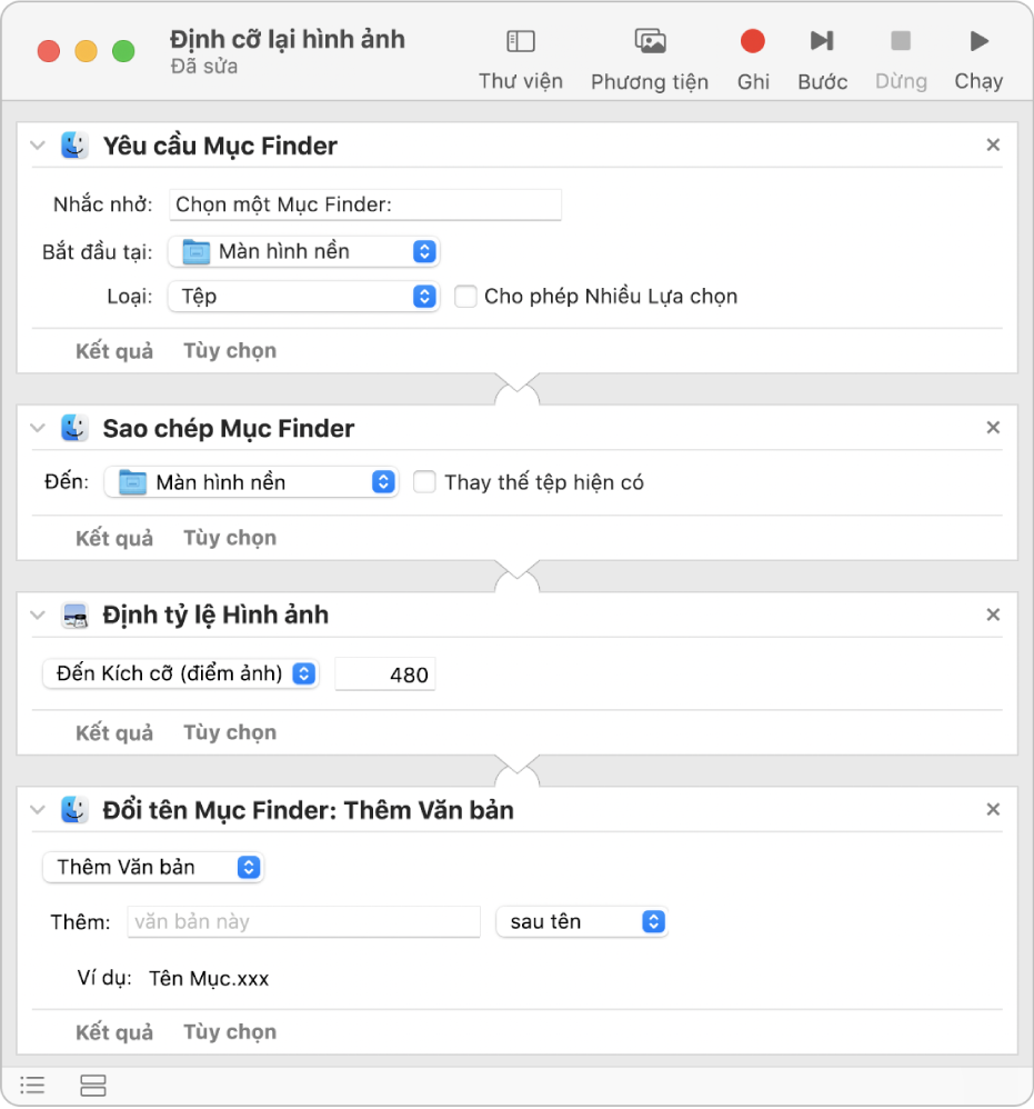 Luồng công việc Automator với bốn tác vụ.