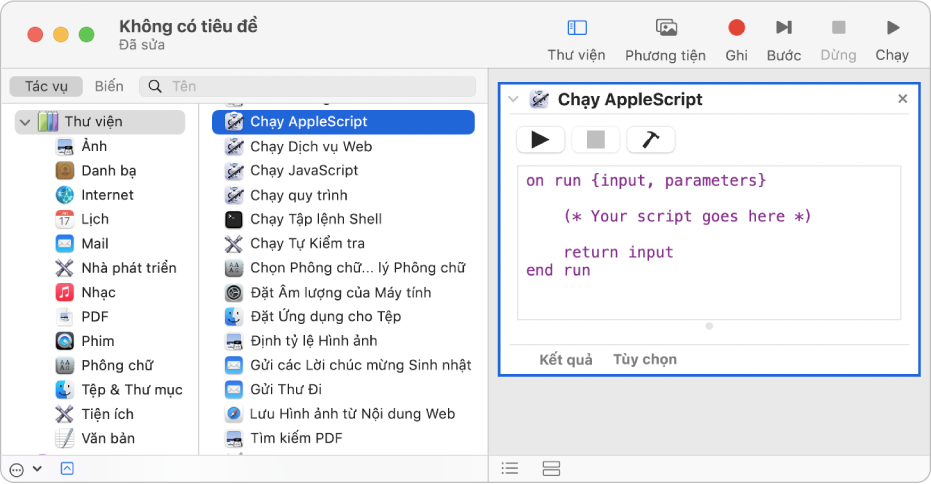 Cửa sổ Automator với tác vụ Chạy AppleScript.