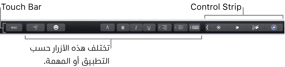 الـ Touch Bar عبر الجزء العلوي من لوحة المفاتيح، يعرض الـ Control Strip المطوي على اليسار، والأزرار التي تختلف باختلاف التطبيق أو المهمة.
